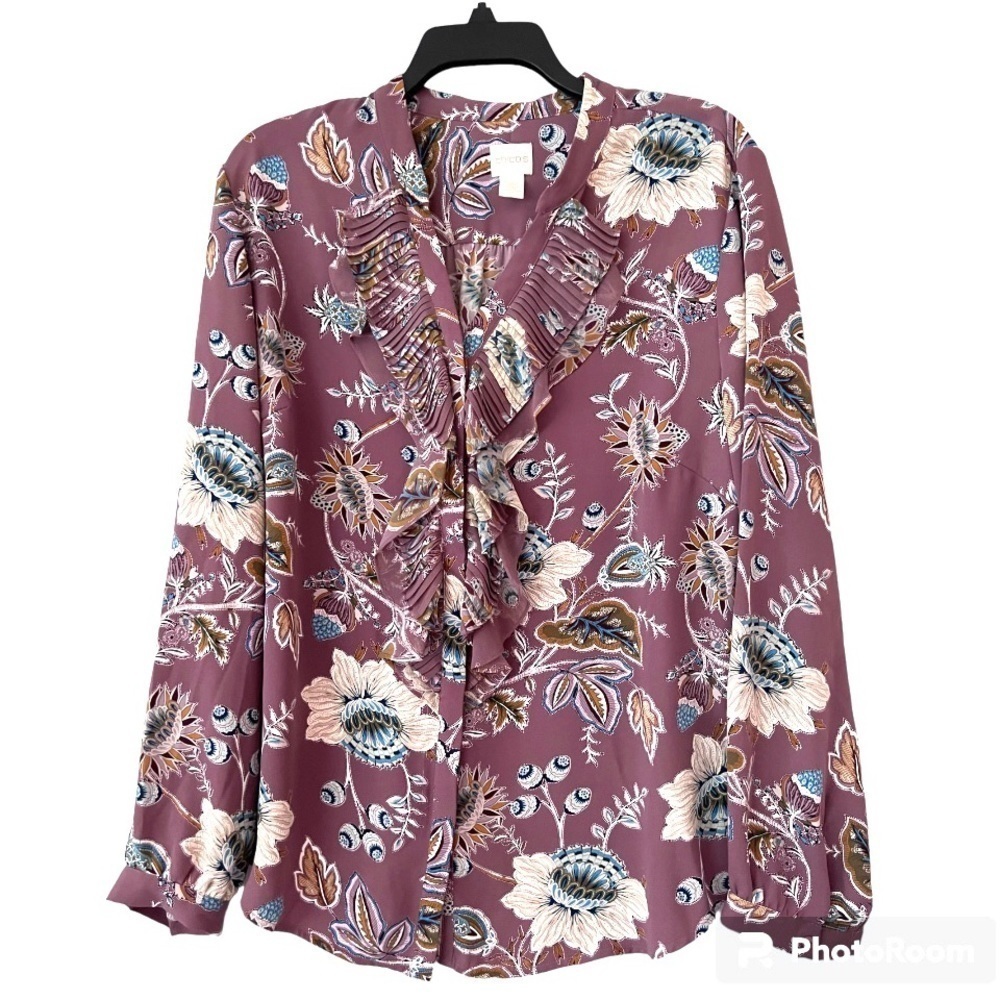 Chico’s Jacobean Bouquet Pleated Ruffle Long Sleeve Lilac Shirt Size 2